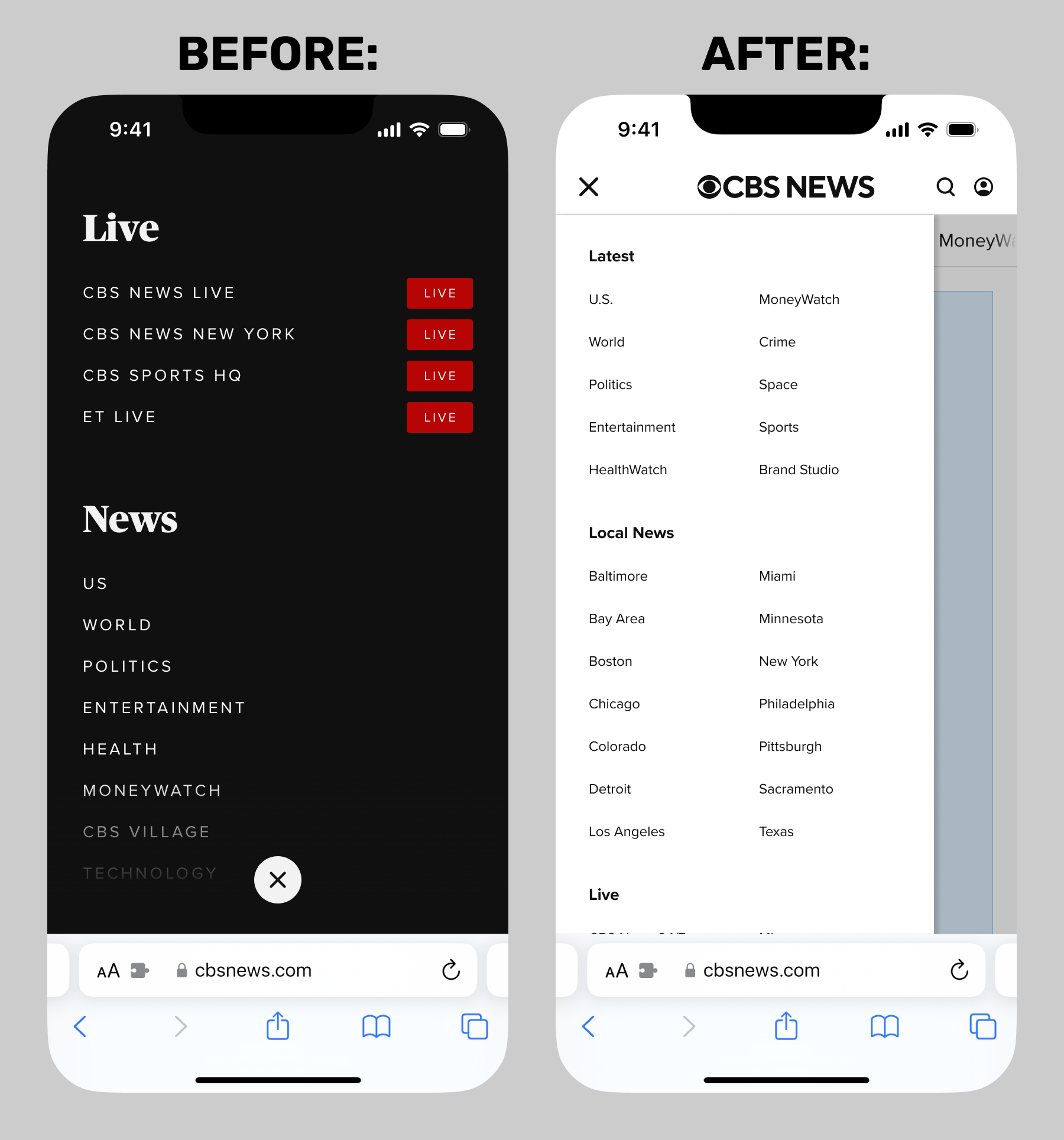CBS News web navighation