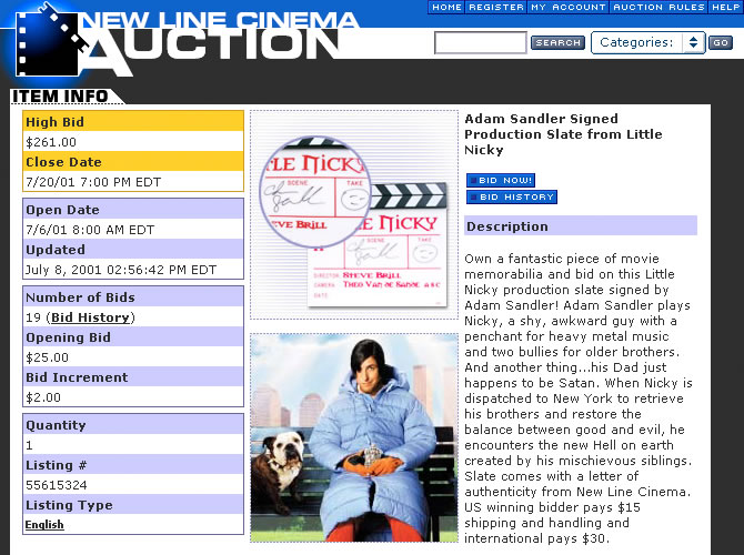 New Line Cinema Auction - Product Detail Screen