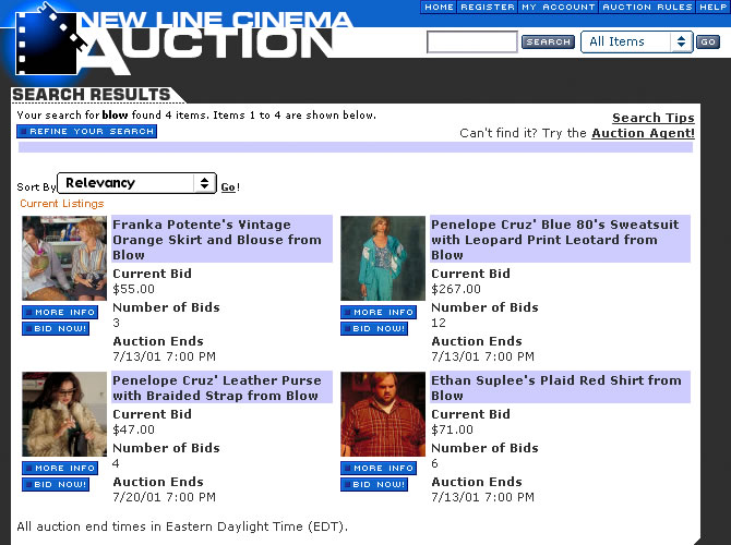 New Line Cinema Auction - Search Results Screen