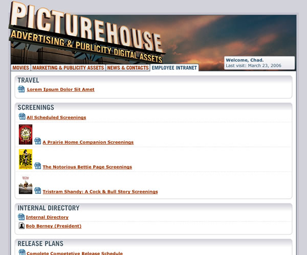 Picturehouse Extranet - Employee Intranet Screen