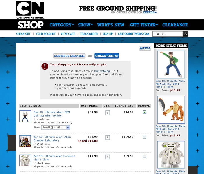 Cartoon Network Shop - Shopping Cart Screen