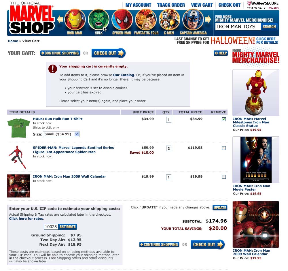 Marvel Shop - Shopping Cart