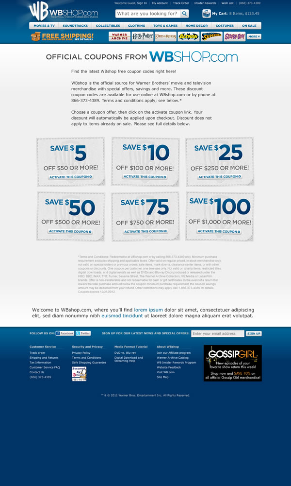 WBshop.com - Coupons Screen